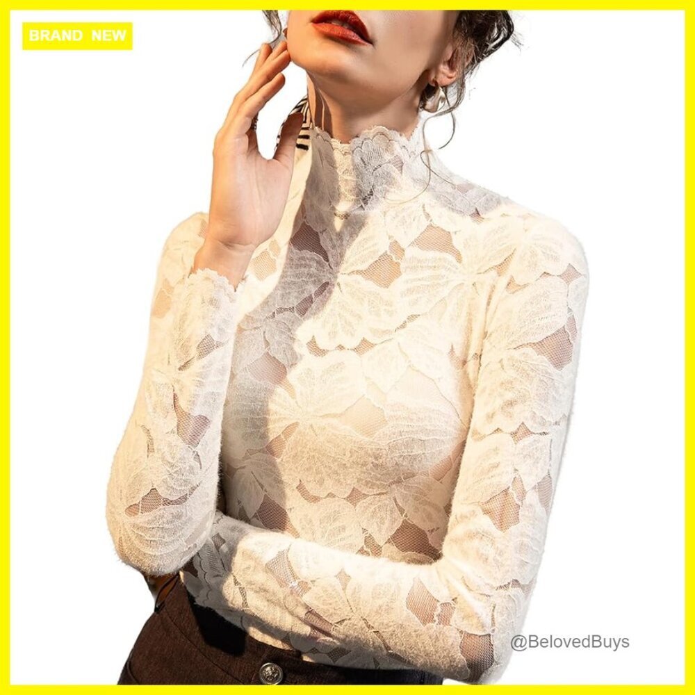 Long Sleeve Lace Mock Neck Top Slim Fit Blouse Floral Elegant